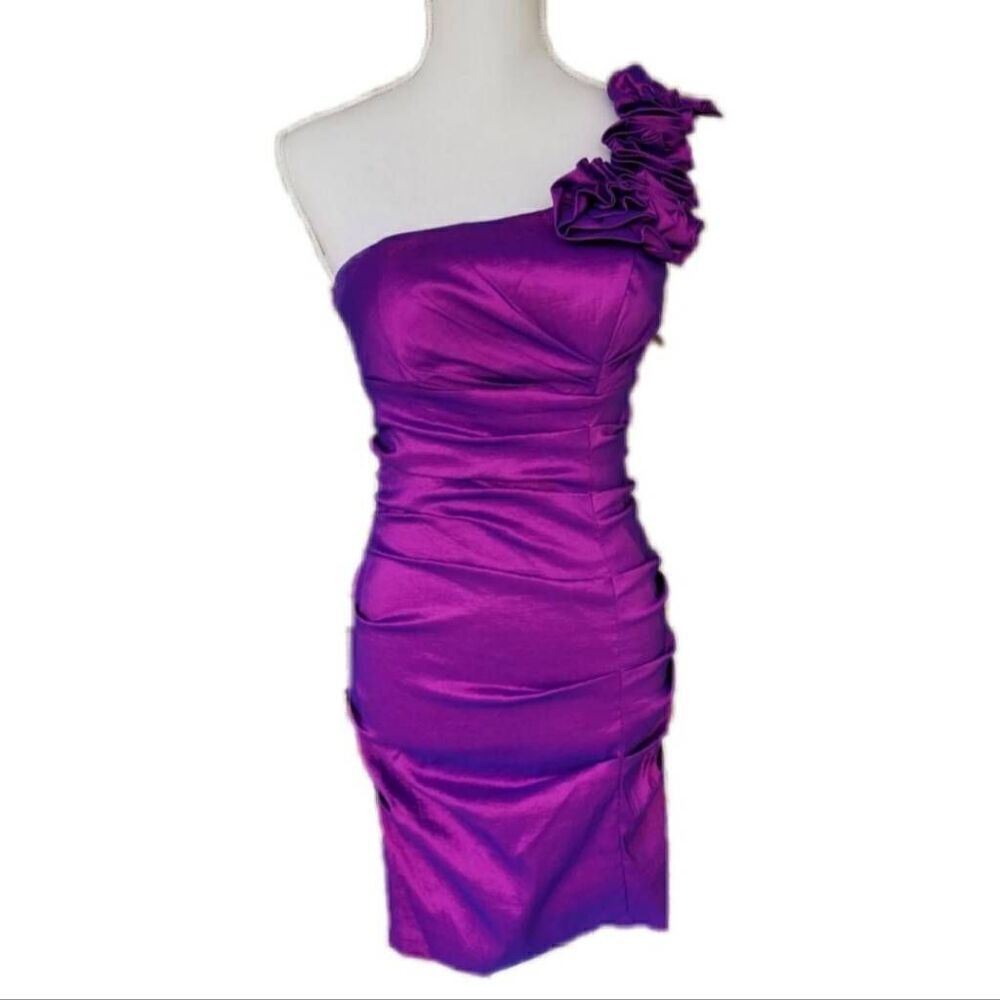 Dancing Queen medium Metallic deep purple rose bud mini dress one shoulder strap
